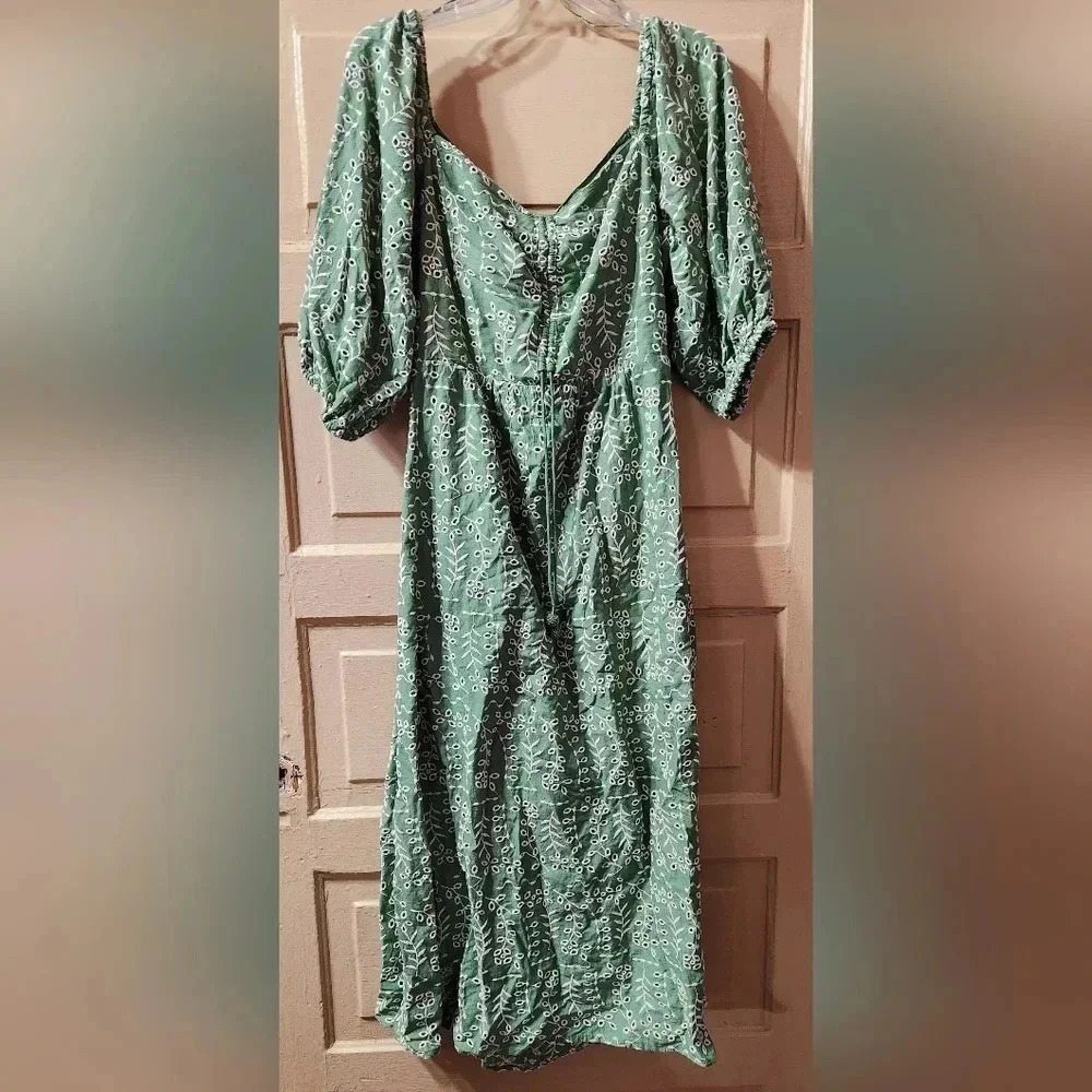 Joie Green Floral Cutout Eyelet Puff Sleeve Midi Sundress